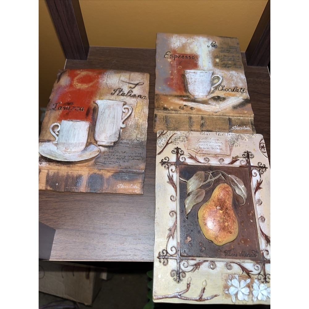 S. Vassileva 3D Wall Hanging Plaques 4.5 X 6.5‎ Signed Lot of 3 Cafe Italiano.